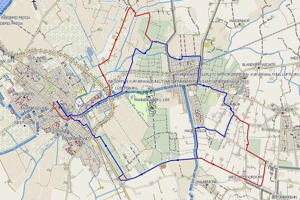 Streckenverlauf (blau: Gemütliche ; rot: Zusatzstrecken Flotte)