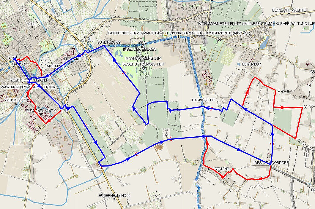 Streckenverlauf (blau: Gemütliche ; rot: Zusatzstrecken Flotte)
